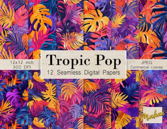 12 Seamless Bright 80s Tropical Foliage and INCLUDED - 12 Seamless Digital Papers