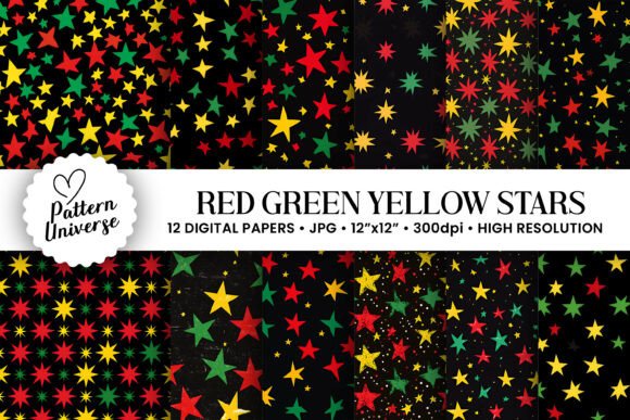 Red Green Yellow Stars Digital Papers