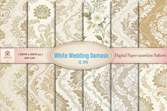 White Wedding Damask Digital Paper Bundl